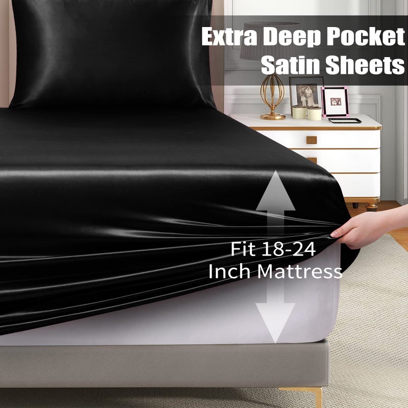 VACVELT 3pcs Extra Deep Pocket Satin Fitted Sheet Set Queen Bed Set  Black Bottom Sheet Fit 18-24 Inch Deep Pocket Mattress  Silky Bedding Set Soft & Ultra Deep Fitted Sheet & 2 Pillowcase - Image 5